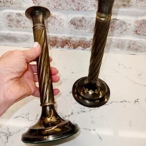 Bronze Look Pair of Candlesticks with Brass floral Bases 9” Tall